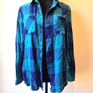 So Juniors Teal & Navy Button Down Flannel Plaid Long Sleeve Shirt